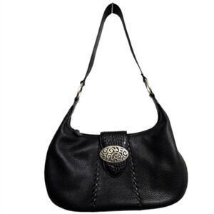 Brighton Black Pebbled Leather Ornate Hardware Croc Strap Stitched Detail Hobo